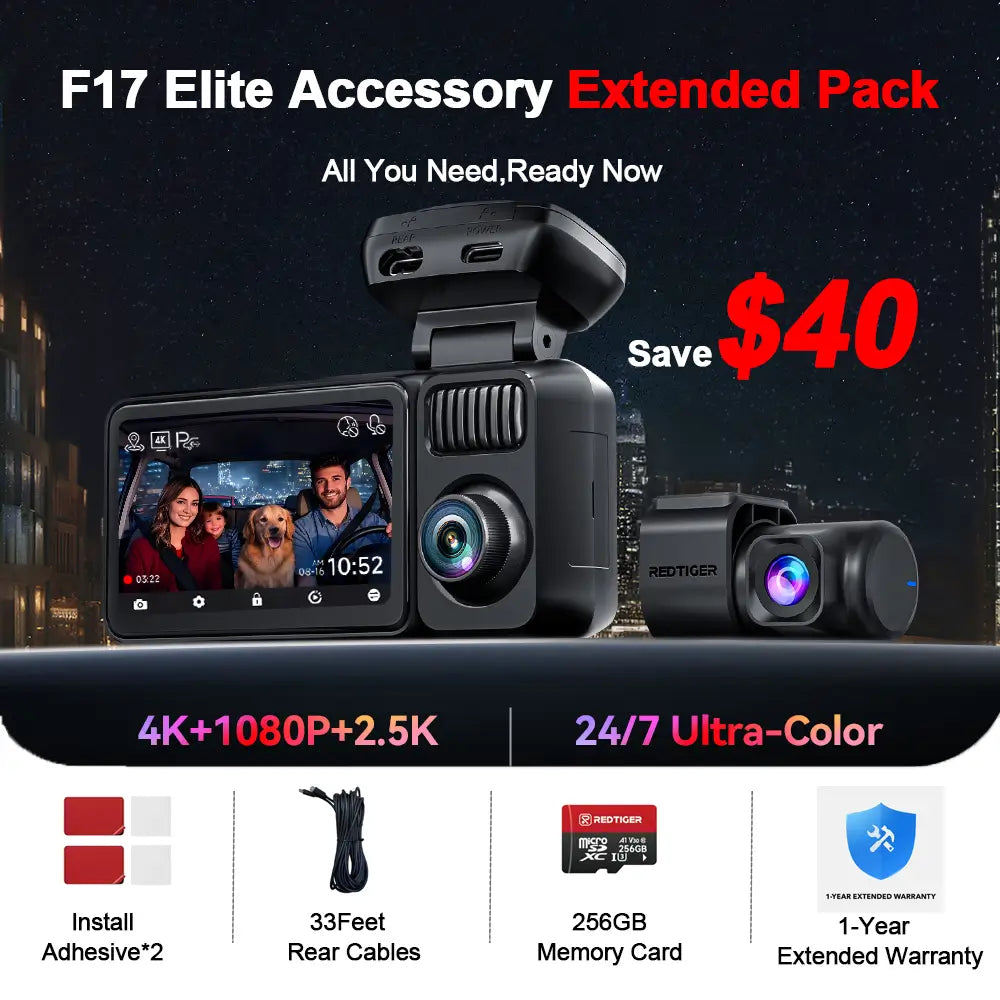 REDTIGER F17 Elite 4K 3 Channel Dash Cam Sony STARVIS 2 Dual HDR WIFI 6 Full Night Color REDTIGER Official F17 Elite Accessories Extend Pack