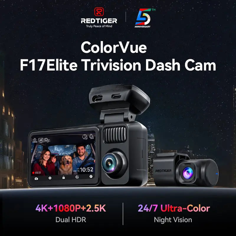 Redtiger F17 Elite 3-Channel 4K+2.5K+1080P 24/7 Ultra-Color Wifi6 IMX678 STARVIS 2 Dual HDR Dash Cam REDTIGER Official
