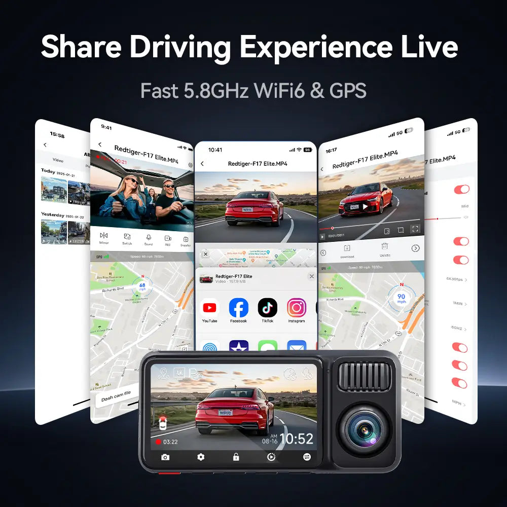 Redtiger F17Elite 3-Channel 4K+2.5K+1080P 24/7 Ultra-Color Wifi6 Dash Cam REDTIGER Official