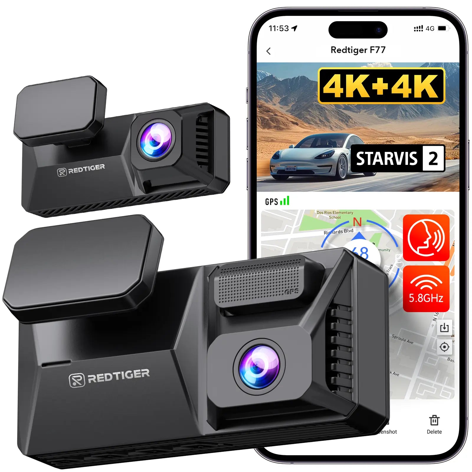 STARVIS 2 4K+4K Dual IMX678 Dash Cam 5.8GHz High Speed WIFI F77 Voice Control Hot Sales REDTIGER Official 128GB EMMC