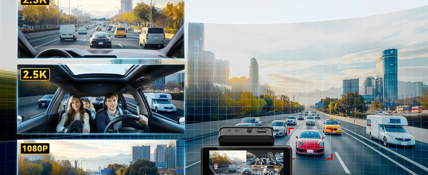 Crystal-Clear 2.5K+2.5K+1080P Recording – Capture every detail on the road with high-definition front, inside, and rear cameras.