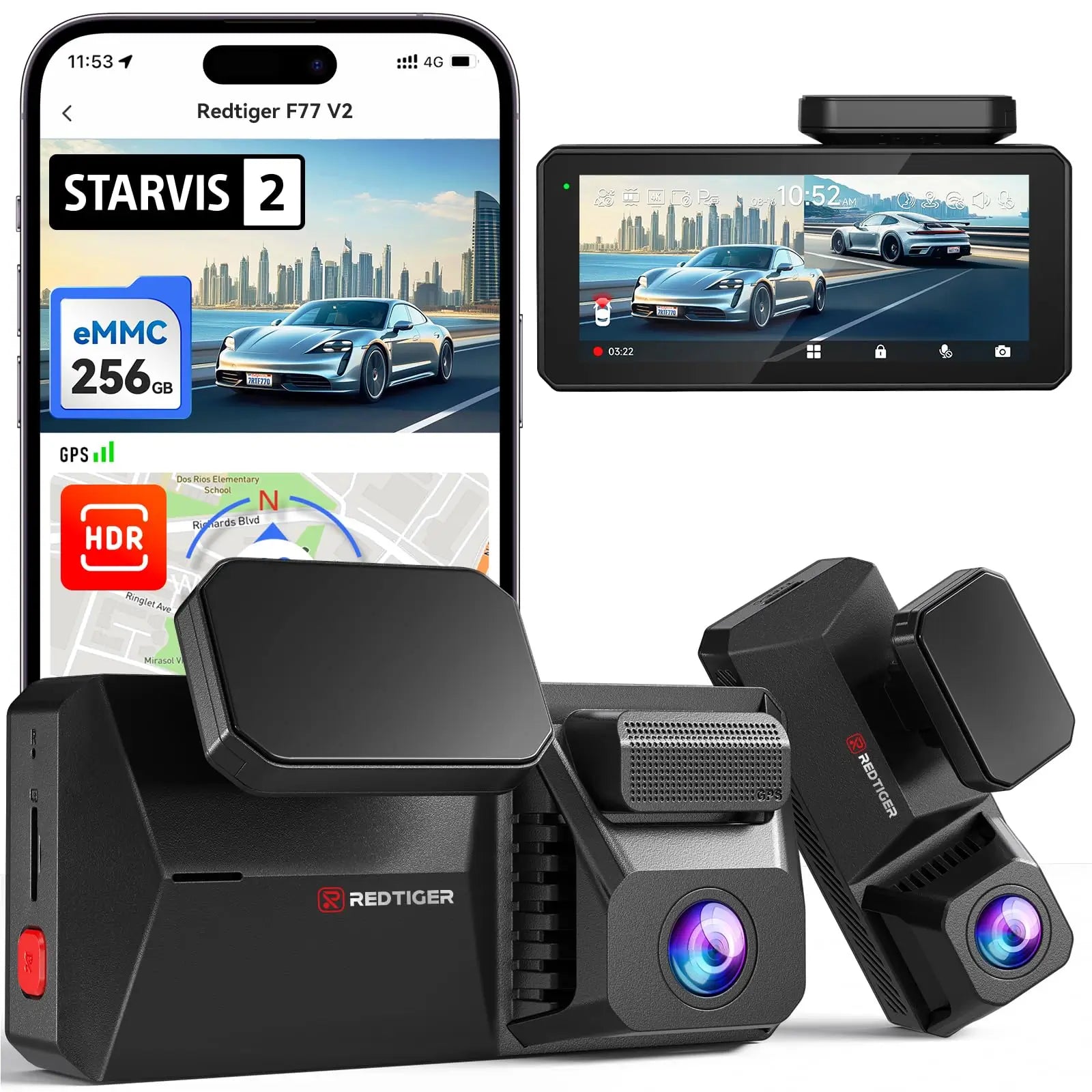 F77 Starvis2 4K+4K Dual IMX678 Voice Control 5.8GHz WIFI Dash Cam Hot Sales REDTIGER Official 256GB EMMC