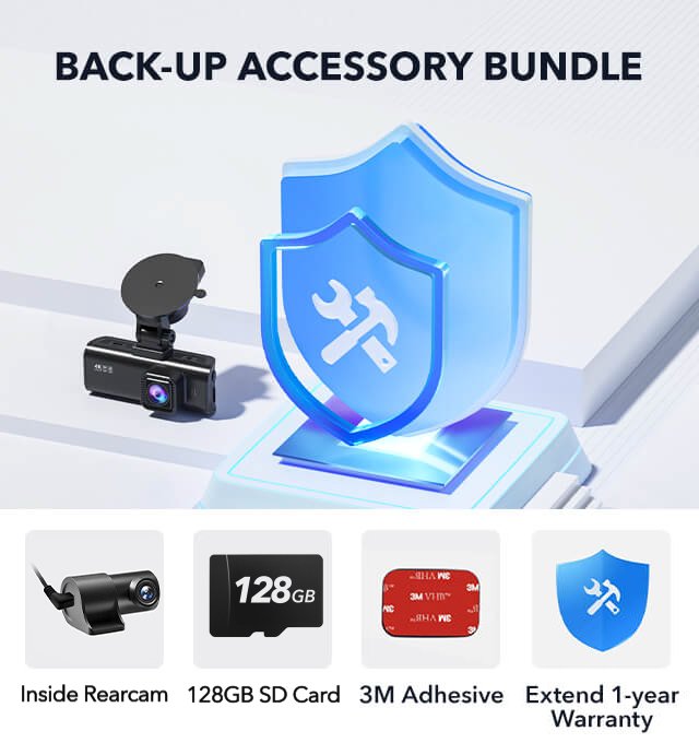 Redtiger Back-up Accessory Bundle Bundle REDTIGER Dash Cam Inside Rearcam+128GB SD Card+3M Adhesive+Extend 1-year Warranty  