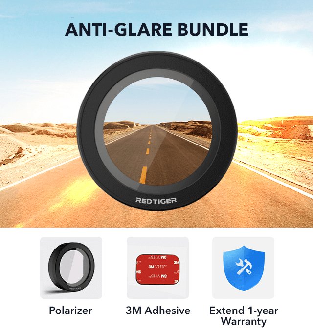 Redtiger F7N Anti-Glare Bundle Bundle REDTIGER Dash Cam Polarizer+3M Adhesive+Extend 1-year Warranty  