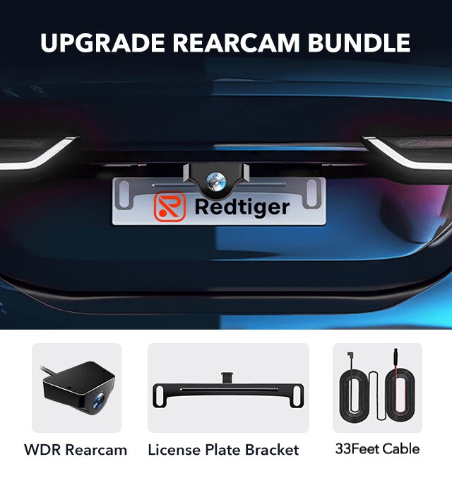 Redtiger Upgrade Rearcam Bundle Bundle REDTIGER Dash Cam WDR Rearcam+License Plate Bracket+33 Feet Longer Replacement Cables  
